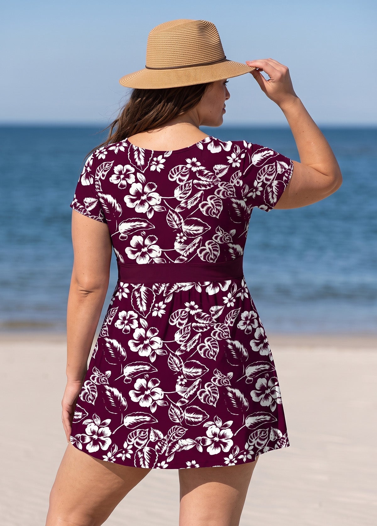 Red Floral UPF50+ Short Sleeves Vintage Padded Plus Size Women's Swimsuit Swimdress Top
