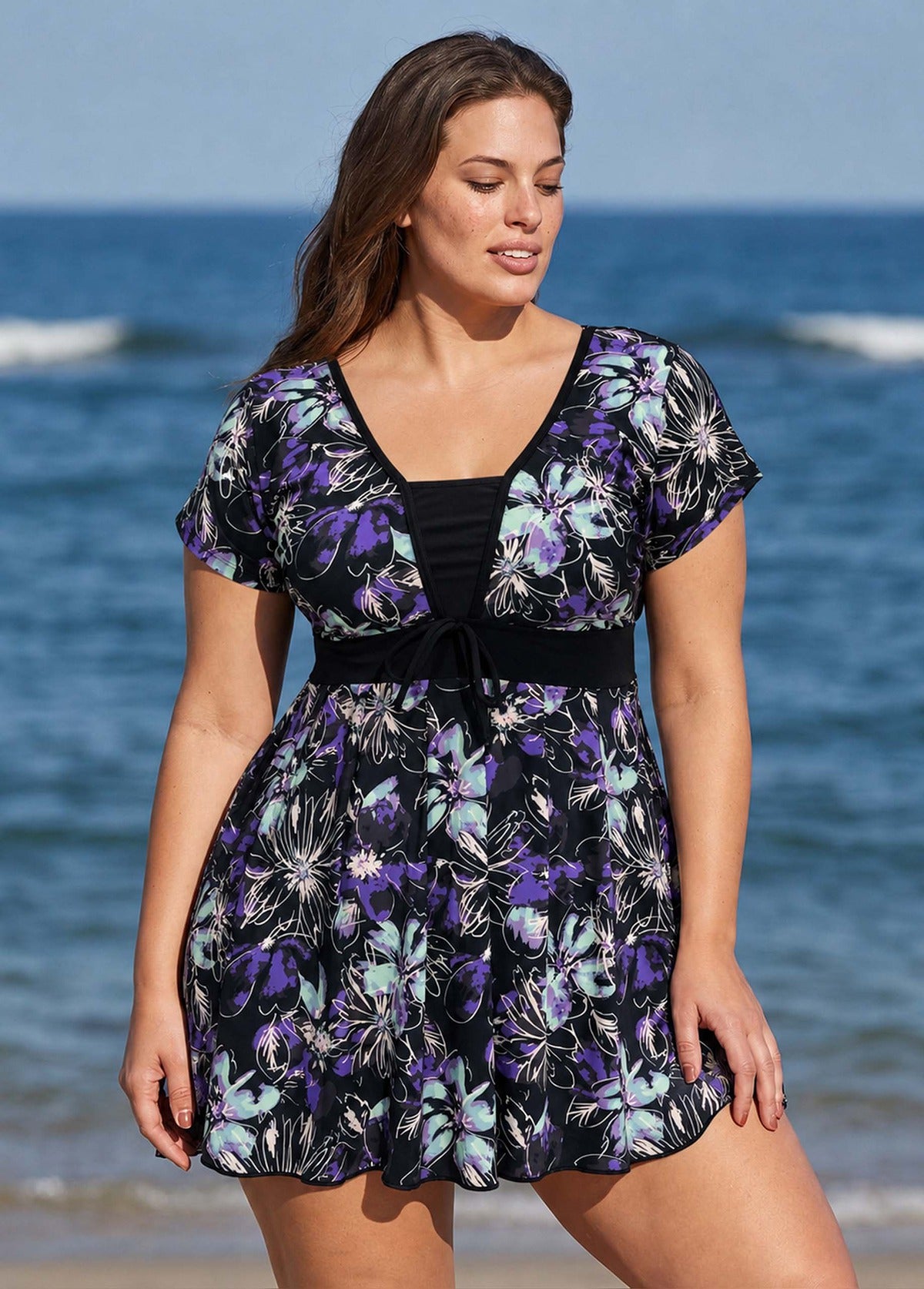 Black Floral UPF50+ Short Sleeves Flattering Padded Curvy Women's Swimsuit Swimdress Top