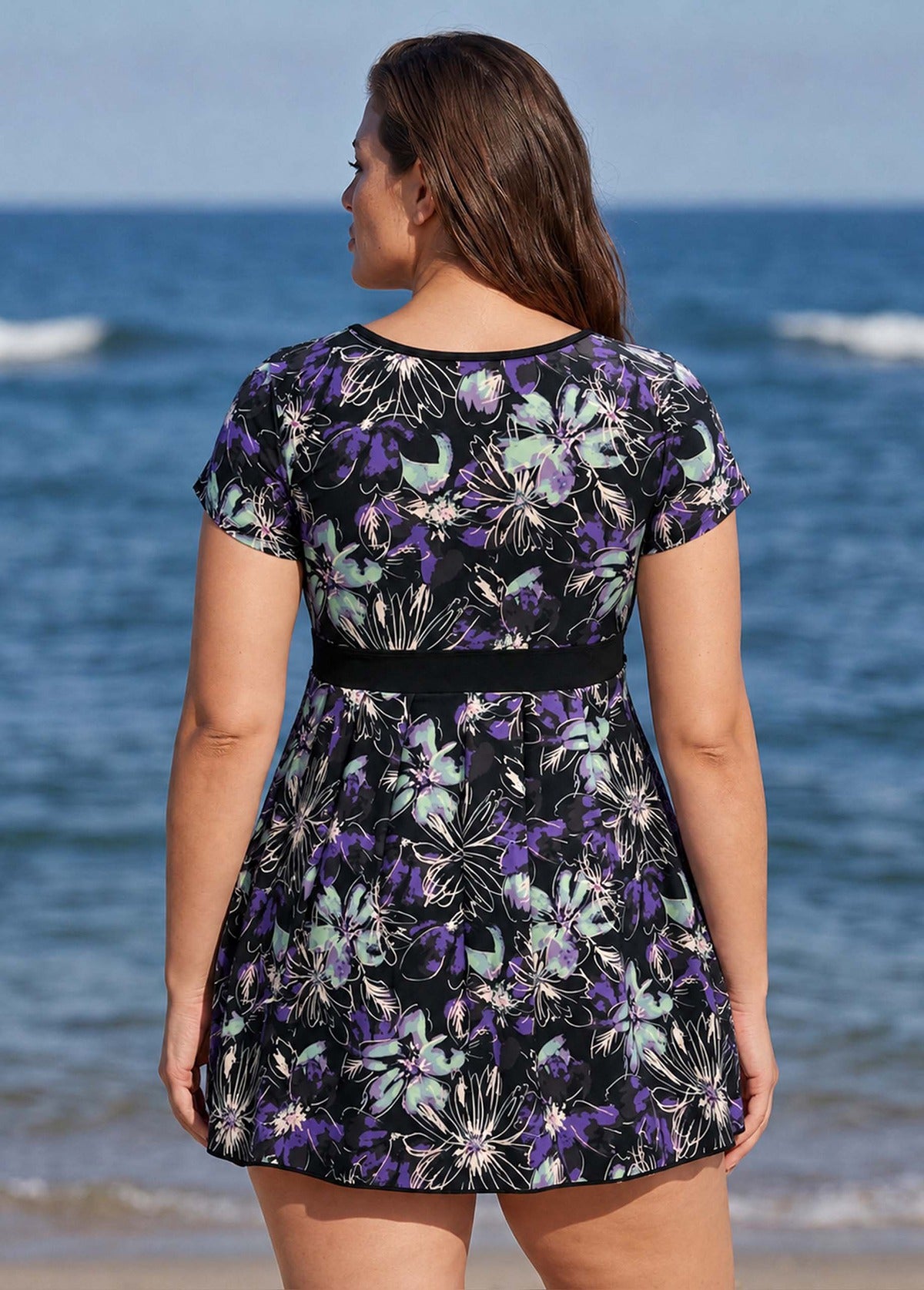 Black Floral UPF50+ Short Sleeves Flattering Padded Curvy Women's Swimsuit Swimdress Top