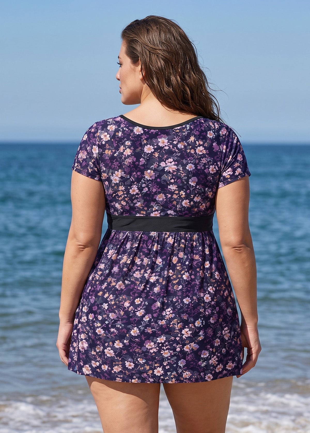 Plus Size Purple Floral Print UPF50+ Short Sleeves Modest Padded Women's Swimsuit Swimdress Top