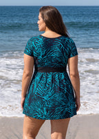 Teal Leaf Print UPF50+ Short Sleeves Modest Padded Plus Size Women's Swimsuit Swimdress Top