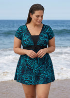 Teal Leaf Print UPF50+ Short Sleeves Modest Padded Plus Size Women's Swimsuit Swimdress Top