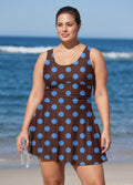Brown Dot Scoop Neck Flattering Tummy Control Vintage Plus Size Swimdress Set