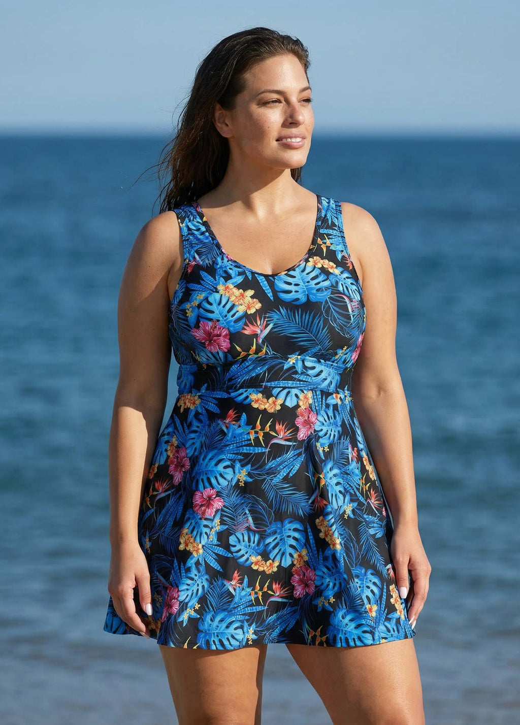 Plus Size Women's Tummy Coverage Long 2 Piece Swimdress With Shorts Built-In Bra Cross Back Cute Blue Floral Swimsuit By LilyEase –