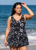 Black Floral Scoop Neck Sleeveless Vintage Cross Back Curvy Women's Swimsuit Swimdress Set