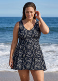 Curvy Black Floral Print Scoop Neck Sleeveless Modest Cross Back Swimsuit Swimdress Set