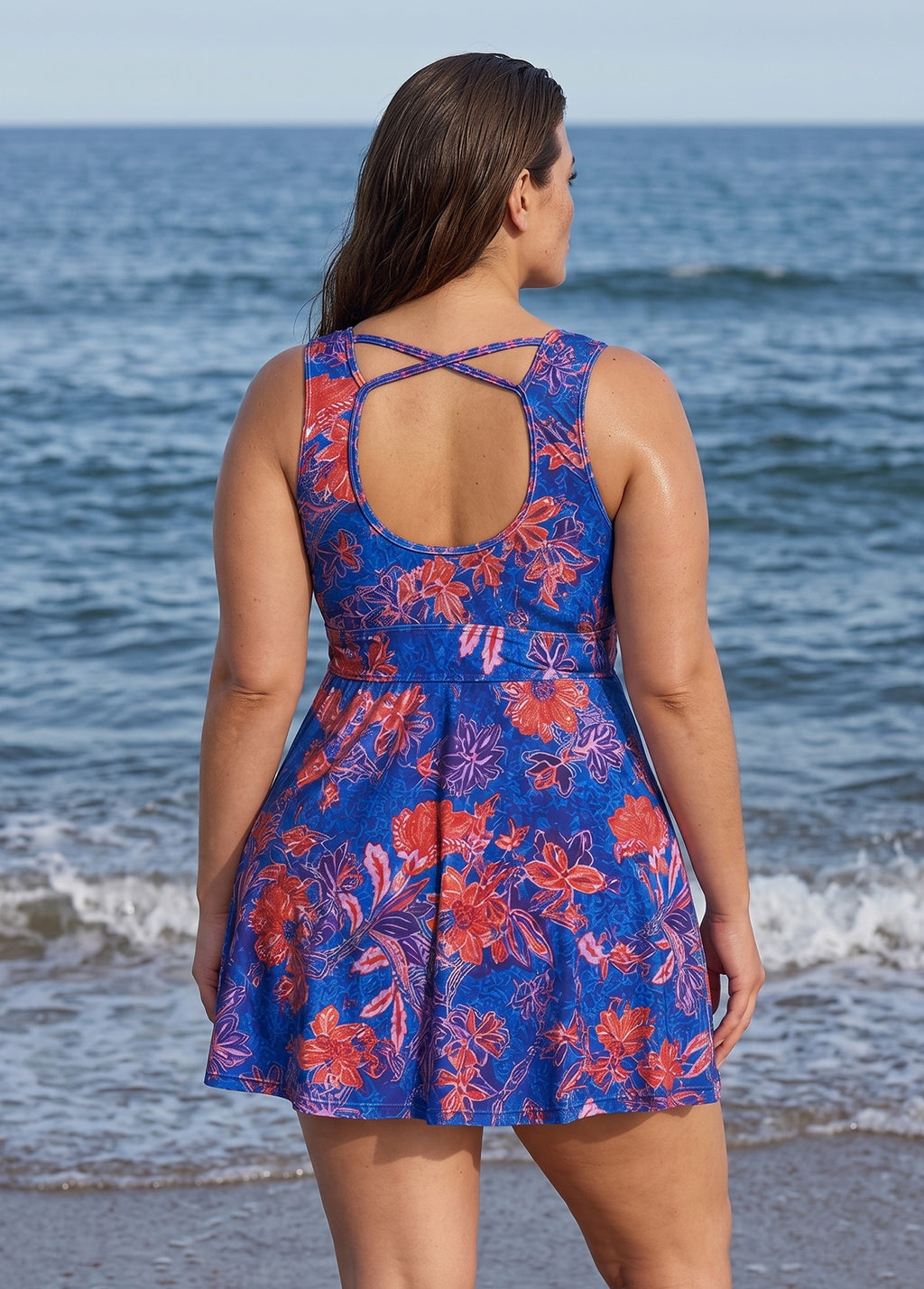 Blue Floral Print Scoop Neck Sleeveless Vintage Cross Back Curvy Swimsuit Swimdress Set