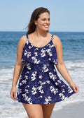 Plus Size Navy Floral Print Layered Ruffle Trim Adjustable Strap Elegant One Piece Swimdress