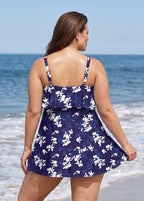 Plus Size Navy Floral Print Layered Ruffle Trim Adjustable Strap Elegant One Piece Swimdress