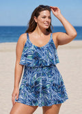 Blue Leaf Print Layered Ruffle Trim Adjustable Strap Elegant Plus Size One Piece Swimdress