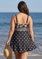 Curvy Black Palm Tree Print V Neck Sleeveless Vintage Women's Swimsuit Swimdress Set