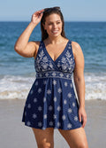Curvy Navy Floral Print V Neck Sleeveless Flattering Women's Swimsuit Swimdress Set