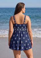 Curvy Navy Floral Print V Neck Sleeveless Flattering Women's Swimsuit Swimdress Set
