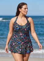 Black Floral Vintage Botanical Print Modest Halter Curvy Skirted One Piece Swimdress