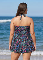 Black Floral Vintage Botanical Print Modest Halter Curvy Skirted One Piece Swimdress