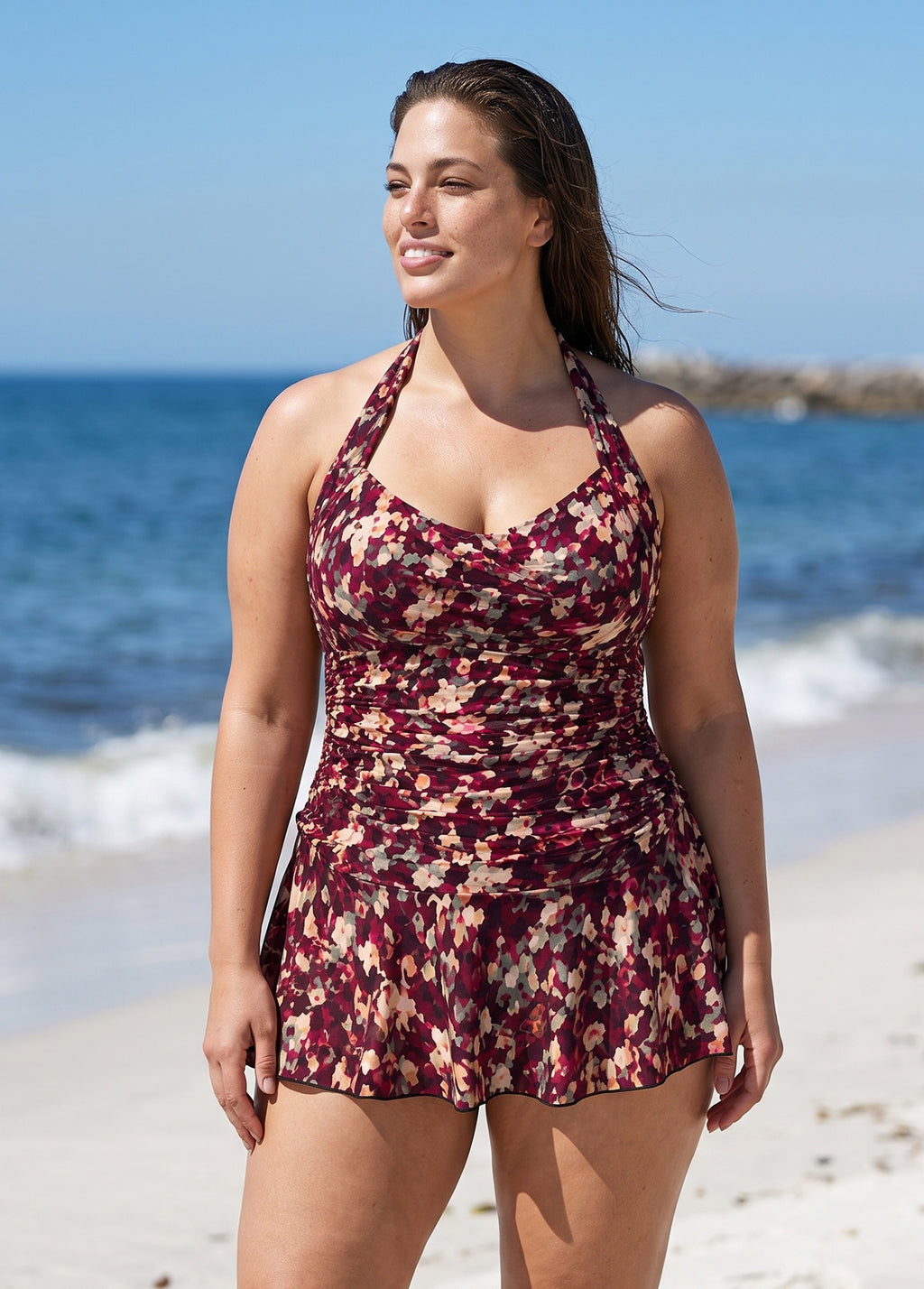 Plum Watercolor Print Halter V Neck Flattering Ruched Curvy Women's One Piece Swimdress