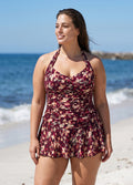 Plum Watercolor Print Halter V Neck Flattering Ruched Curvy Women's One Piece Swimdress