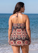 Plus Size Black Boho Floral Halter V Neck Modest Ruched Women's One Piece Swimdress