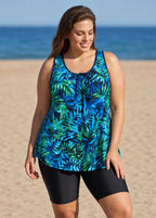 Navy Leaf Scoop Neck Wide Strap Vintage Padded Loose Fit Plus Size Swimsuit Tankini Top