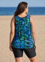 Navy Leaf Scoop Neck Wide Strap Vintage Padded Loose Fit Plus Size Swimsuit Tankini Top