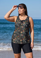 Plus Size Black Leaf Scoop Neck Wide Strap Modest Padded Loose Fit Swimsuit Tankini Top