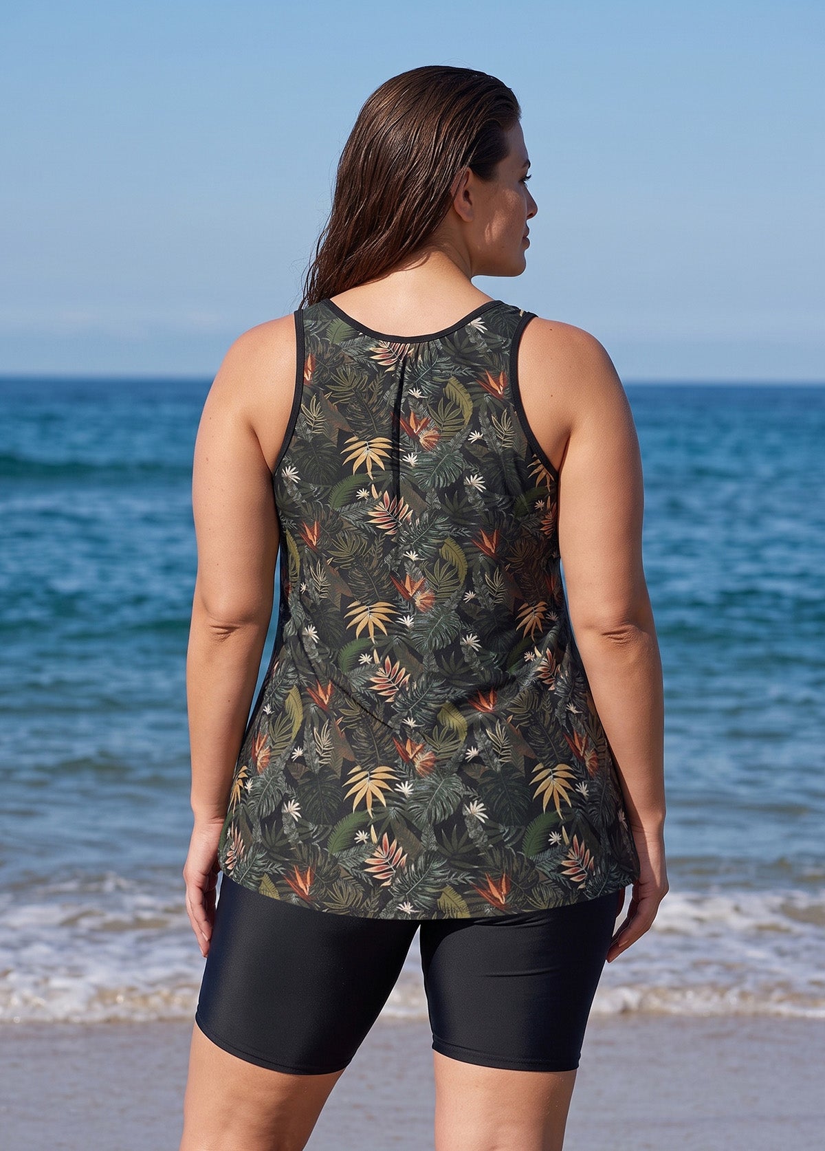 Plus Size Black Leaf Scoop Neck Wide Strap Modest Padded Loose Fit Swimsuit Tankini Top