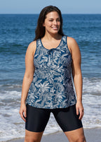 White Leaf Scoop Neck Wide Strap Flattering Padded Loose Fit Curvy Swimsuit Tankini Top