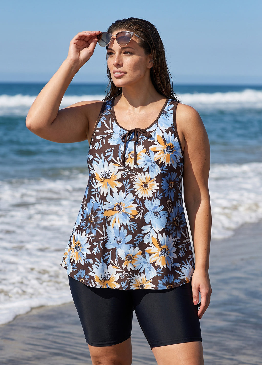 Brown Floral Scoop Neck Wide Strap Flattering Padded Loose Fit Plus Size Swimsuit Tankini Top