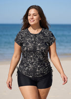 Black Floral Upf50+ Short Sleeves Zipper Drawstring Curvy Swimsuit Rash Guards Tankini Top
