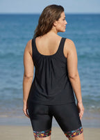 Black Plants Print Round Neck Plus Size Modest Tankini Set