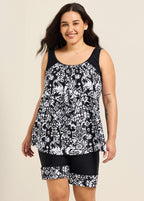 Black White Geometric Scoop Neck Flattering Padded Curvy Women's Swimsuit Tankini Set