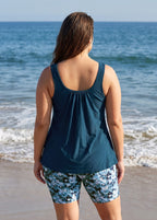 Curvy Teal Floral Scoop Neck Sleeves Modest Women's Swimsuit Two Piece Tankini Set