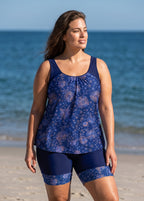 Curvy Navy Blue Floral Print Scoop Neck Sleeves Women's Swimsuit Two Piece Tankini Set