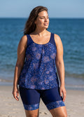 Curvy Navy Blue Floral Print Scoop Neck Sleeves Women's Swimsuit Two Piece Tankini Set
