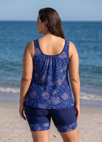 Curvy Navy Blue Floral Print Scoop Neck Sleeves Women's Swimsuit Two Piece Tankini Set