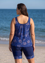 Curvy Navy Blue Floral Print Scoop Neck Sleeves Women's Swimsuit Two Piece Tankini Set