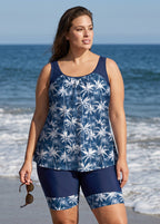 Curvy Navy Palm Tree Print Scoop Neck Sleeveless Vintage Loose Fit Women's Tankini Set