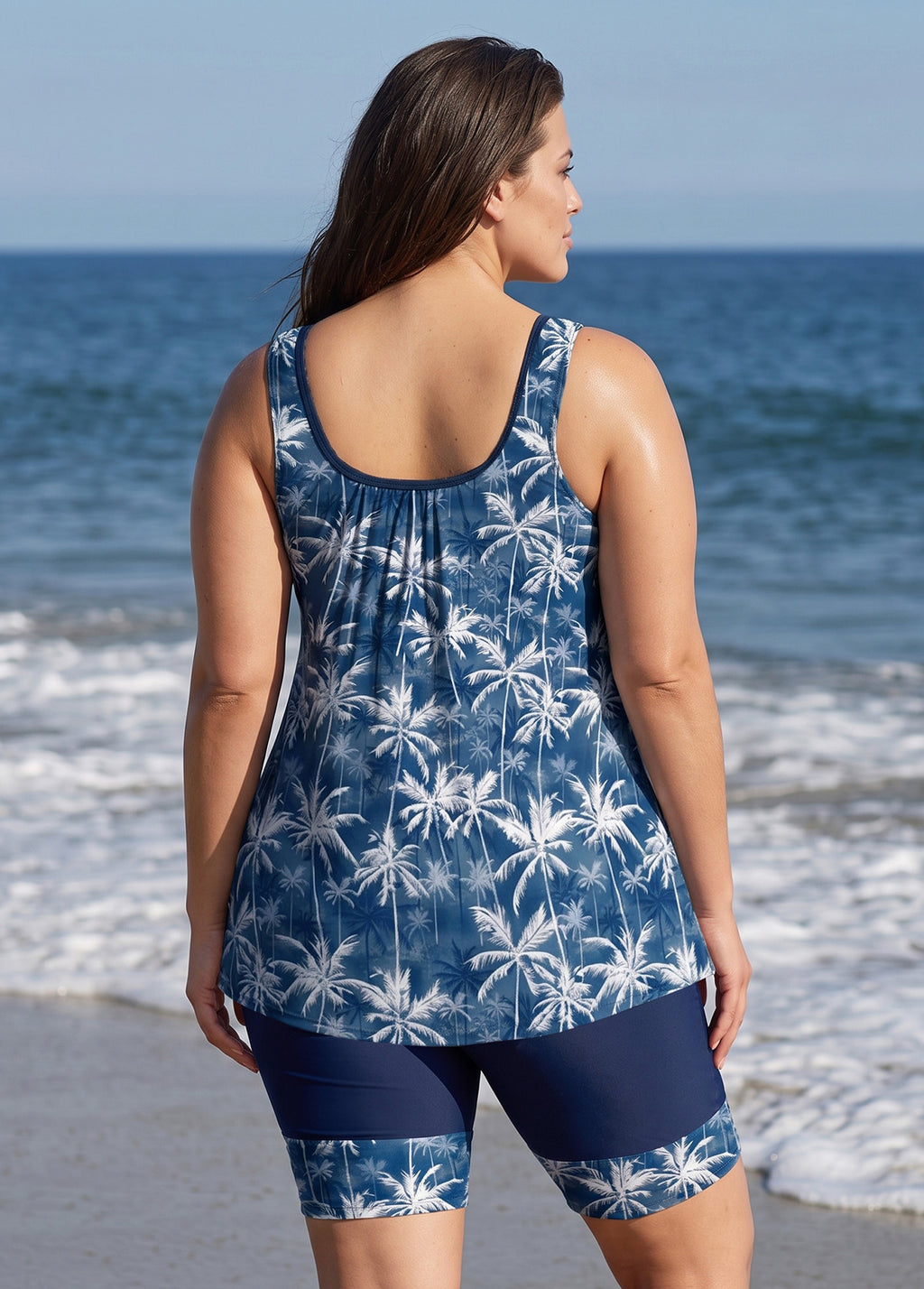 Curvy Navy Palm Tree Print Scoop Neck Sleeveless Vintage Loose Fit Women's Tankini Set