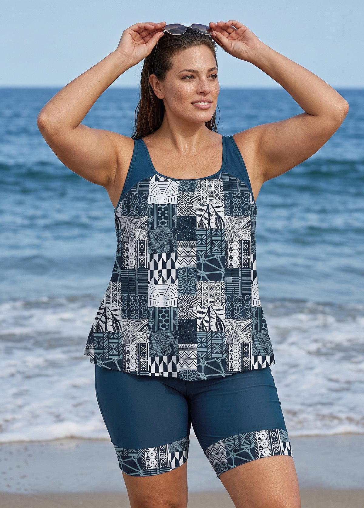 Plus Size Blue Boho Print Scoop Neck Sleeveless Modest Loose Fit Women's Swimsuit Tankini Set