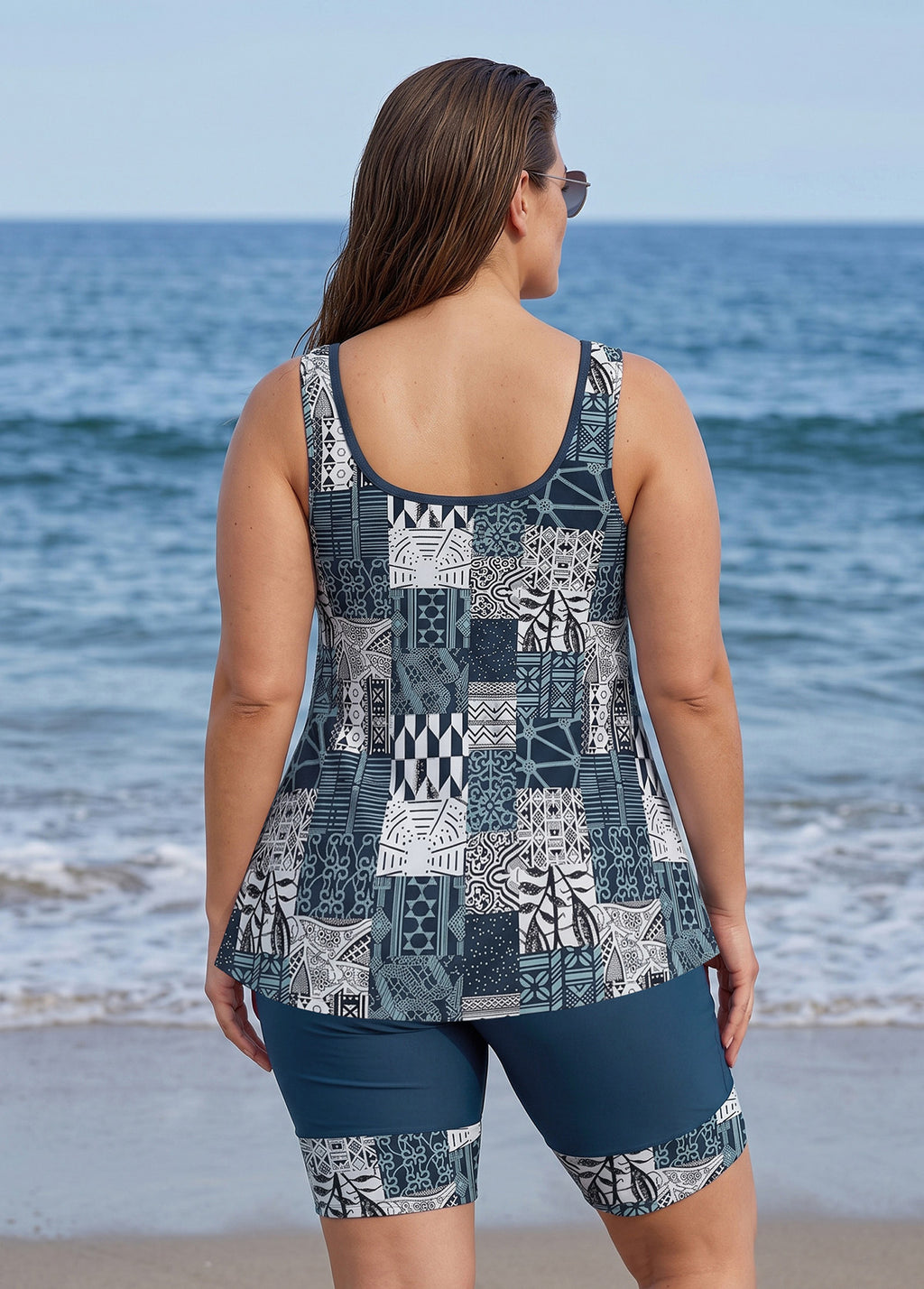 Plus Size Blue Boho Print Scoop Neck Sleeveless Modest Loose Fit Women's Swimsuit Tankini Set