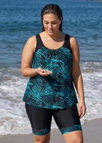 Teal Leaf Print Scoop Neck Sleeveless Flattering Loose Fit Curvy Women's Swimsuit Tankini Set