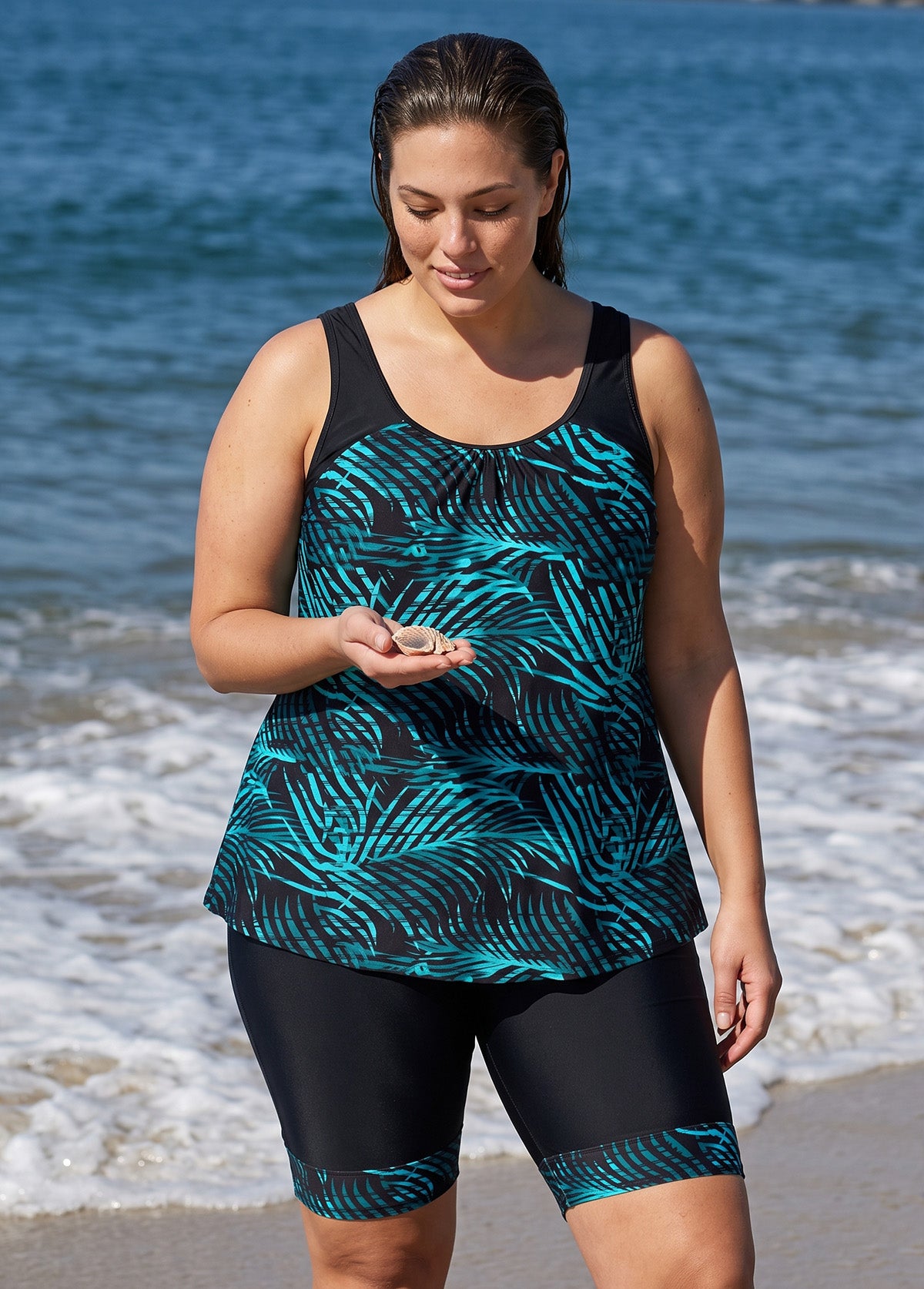 Teal Leaf Print Scoop Neck Sleeveless Flattering Loose Fit Curvy Women's Swimsuit Tankini Set