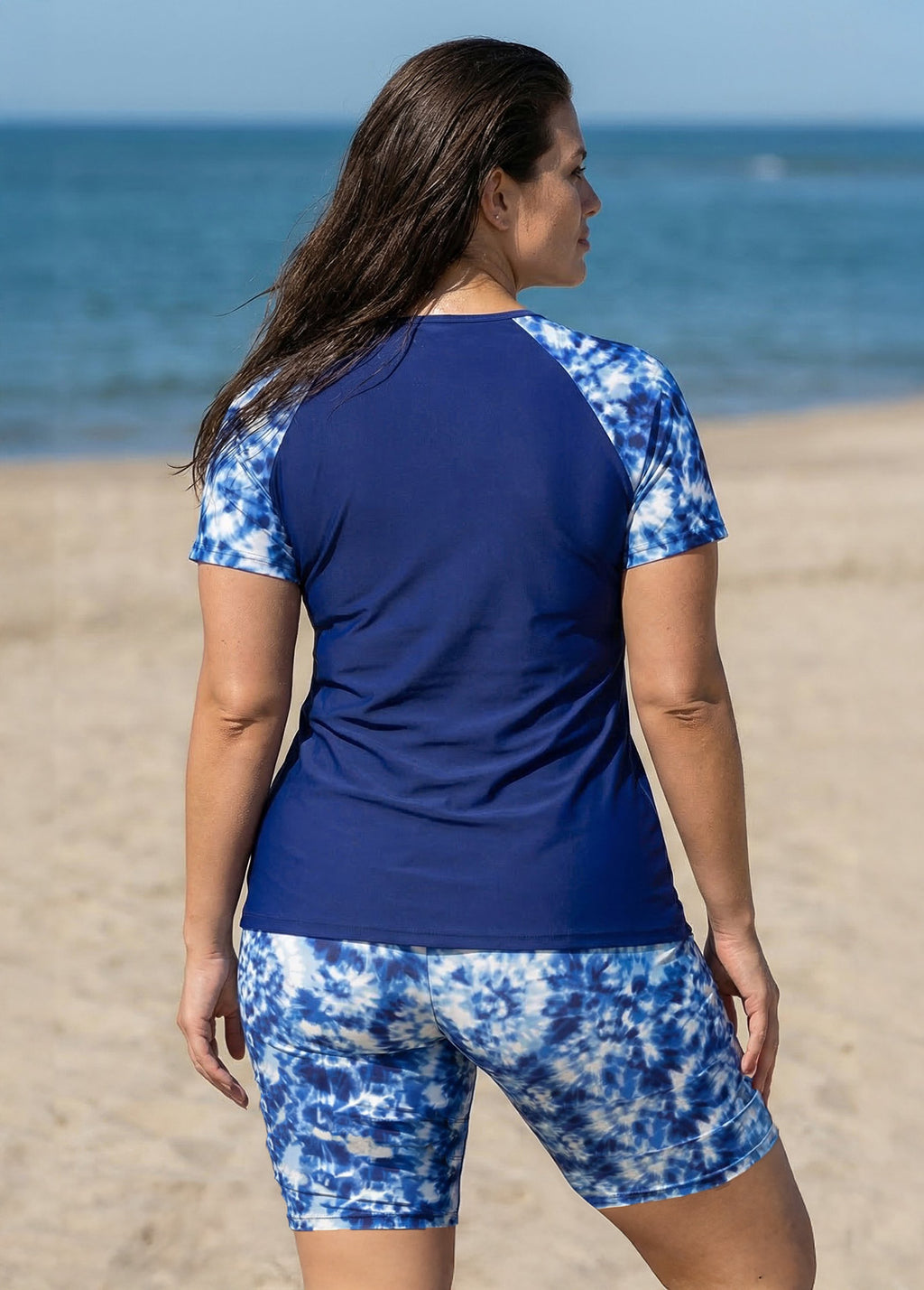 Curvy Blue Tie Dye Print High Neck Upf50+ Short Sleeves Swimsuit Shirt Two Piece Tankini Set