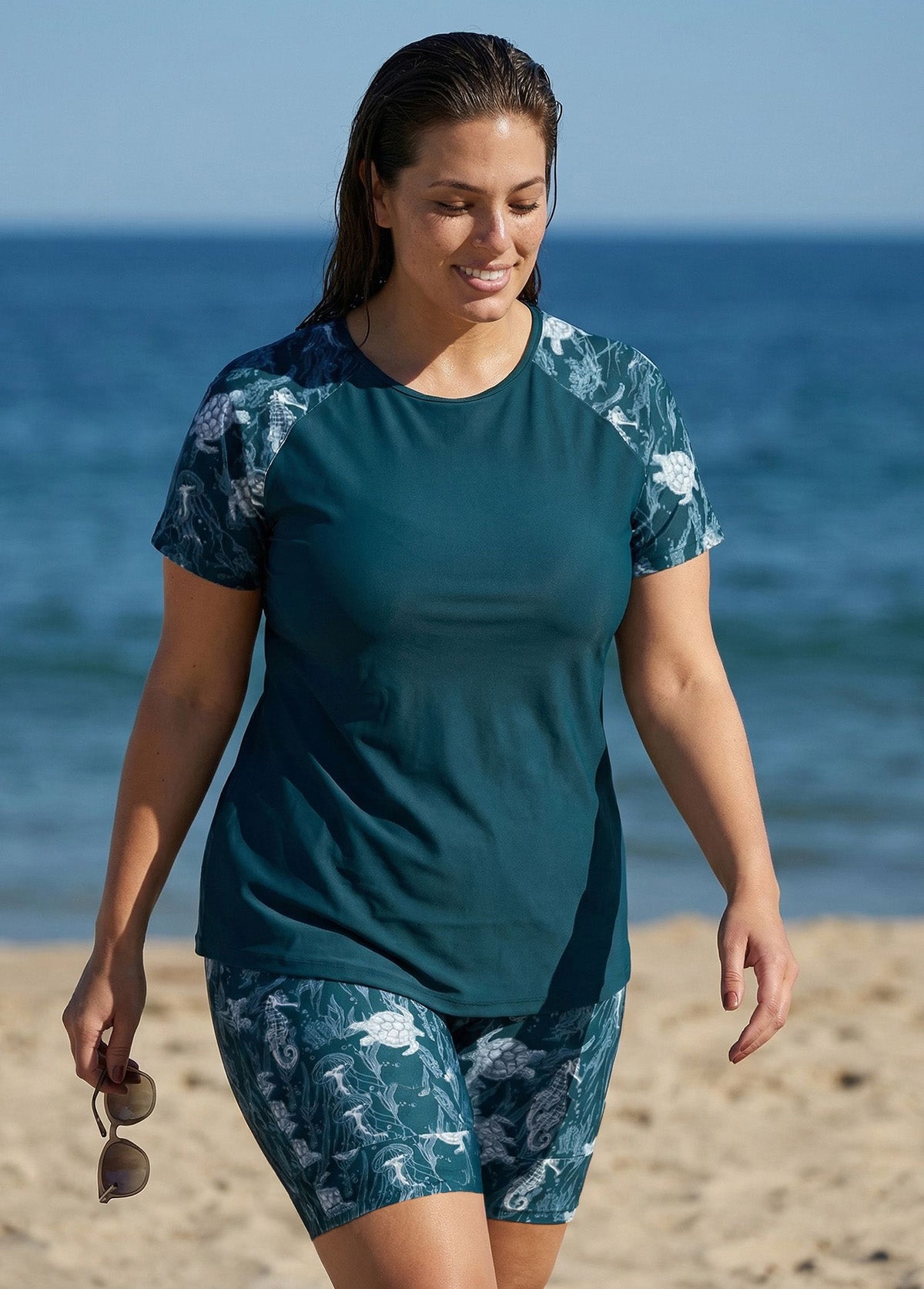 Green Marine Life Print High Neck Upf50+ Short Sleeves Curvy Swimsuit Shirt Two Piece Tankini Set
