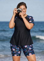 Plus Size Black Floral Print High Neck Upf50+ Short Sleeves Modest Swimsuit Two Piece Tankini Set