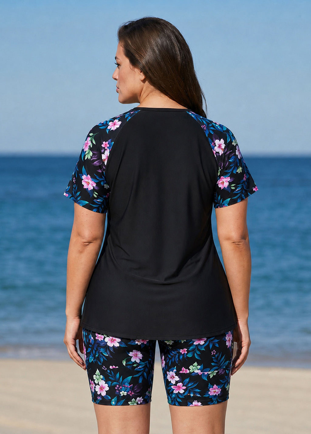 Plus Size Black Floral Print High Neck Upf50+ Short Sleeves Modest Swimsuit Two Piece Tankini Set