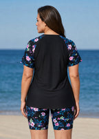 Plus Size Black Floral Print High Neck Upf50+ Short Sleeves Modest Swimsuit Two Piece Tankini Set