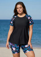 Plus Size Black Floral Print High Neck Upf50+ Short Sleeves Modest Swimsuit Two Piece Tankini Set