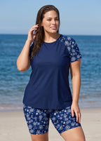Blue Floral Scoop Neck UPF50+ Short Sleeves Modest Plus Size Swimsuit Two Piece Tankini Set