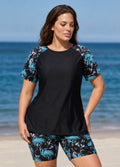 Black Leaf Scoop Neck UPF50+ Short Sleeves Vintage Curvy Swimsuit Two Piece Tankini Set